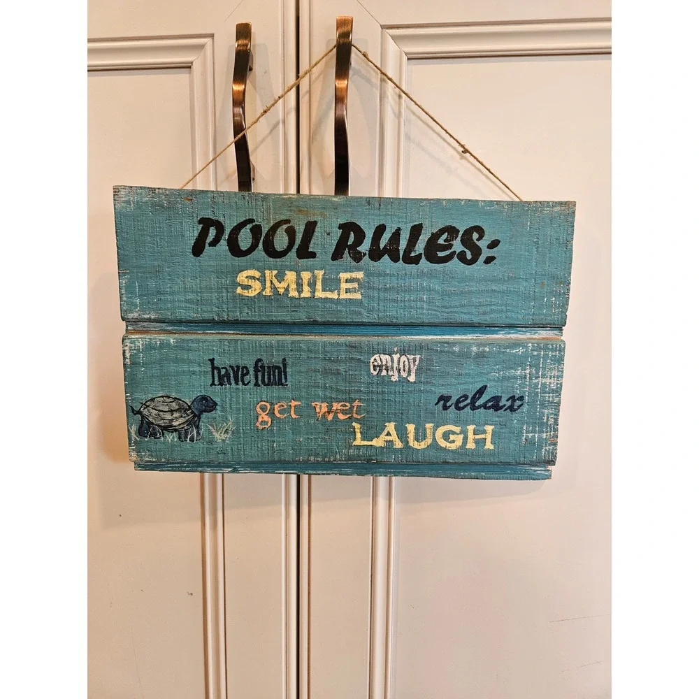 Rustic Wood Pool Rules Sign Teal Blue Distressed Outdoor Patio Wall Decor Turtle